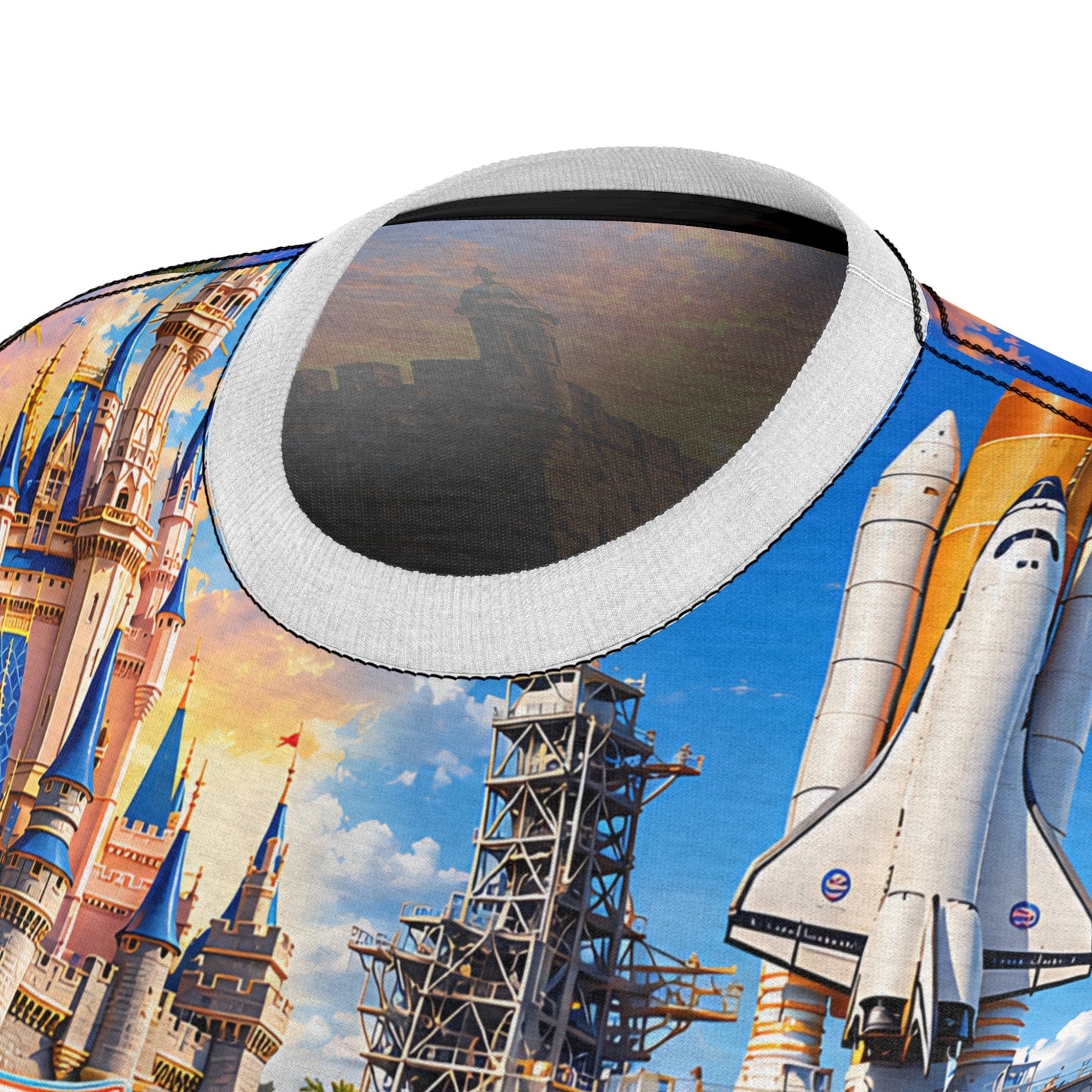 Close-up print detail of the Florida tee neckline showing theme-park castle and space shuttle launch