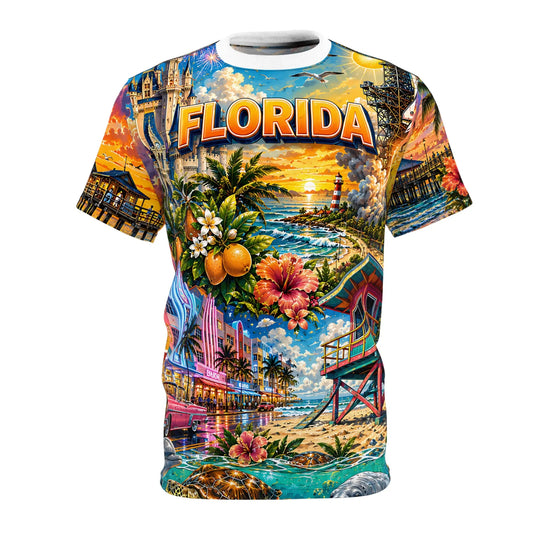 Florida orange grove and palm sunset all-over-print t-shirt, plain flat-lay front view on white