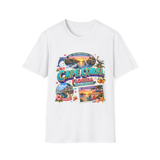 Unisex Cape Coral Waterfront Wonder T-shirt featuring a Florida beach sunset and nautical design, perfect for beach vacations.
