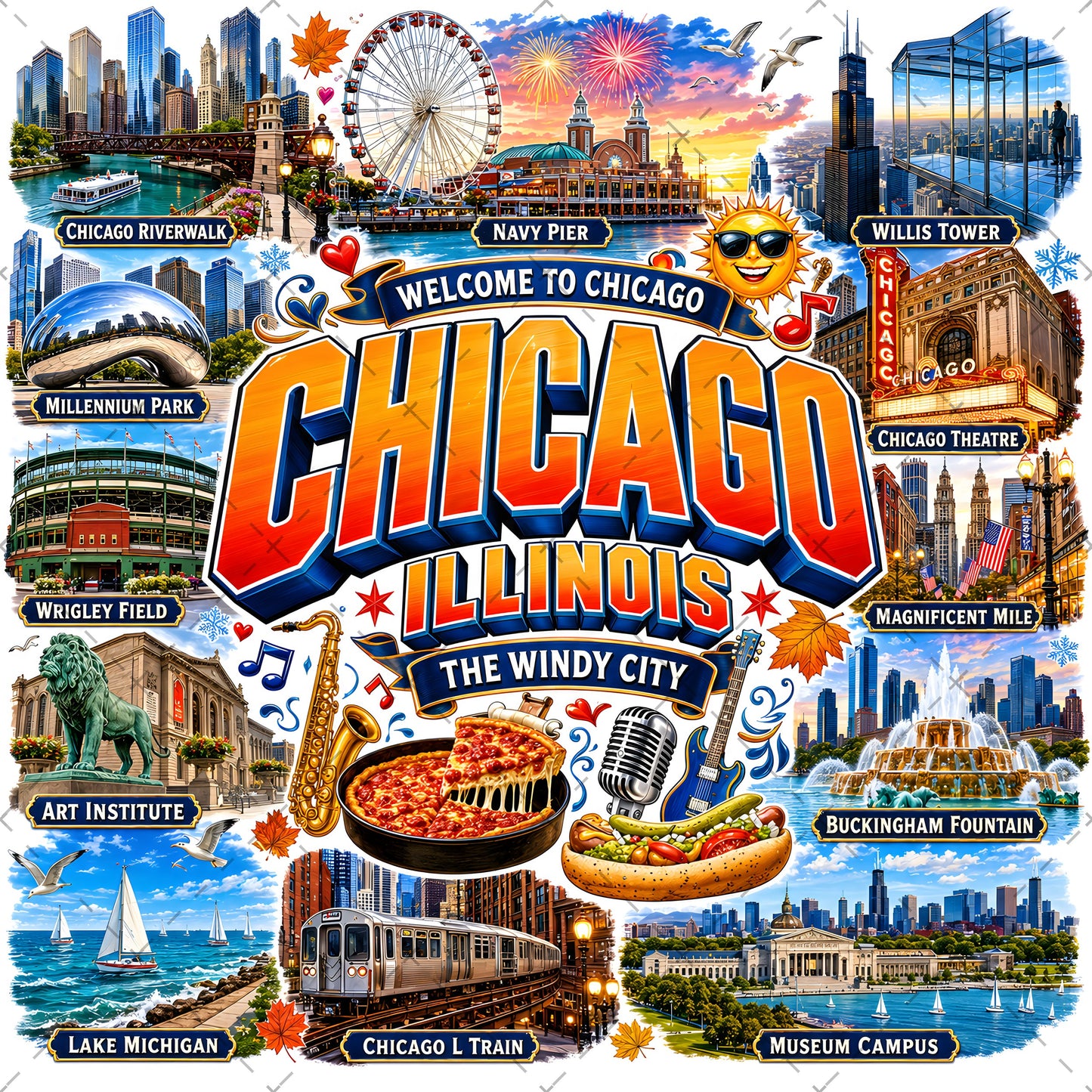 Chicago Illinois Landmarks PNG Travel Collage Digital Download Sublimation Print Commercial Use POD, sublimation png, tshirt design, pod design, PNG, digital download, high resolution