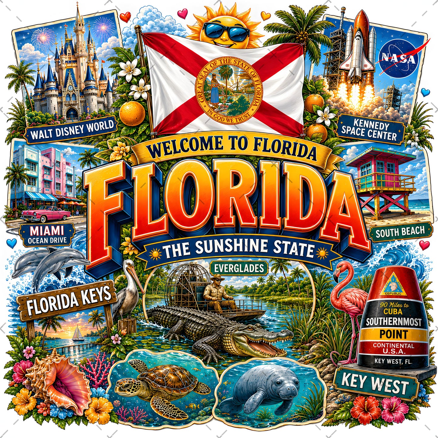 Florida Sunshine State PNG Travel Souvenir Collage Sublimation Design Landmarks Beach POD T-Shirt Mug Tumbler