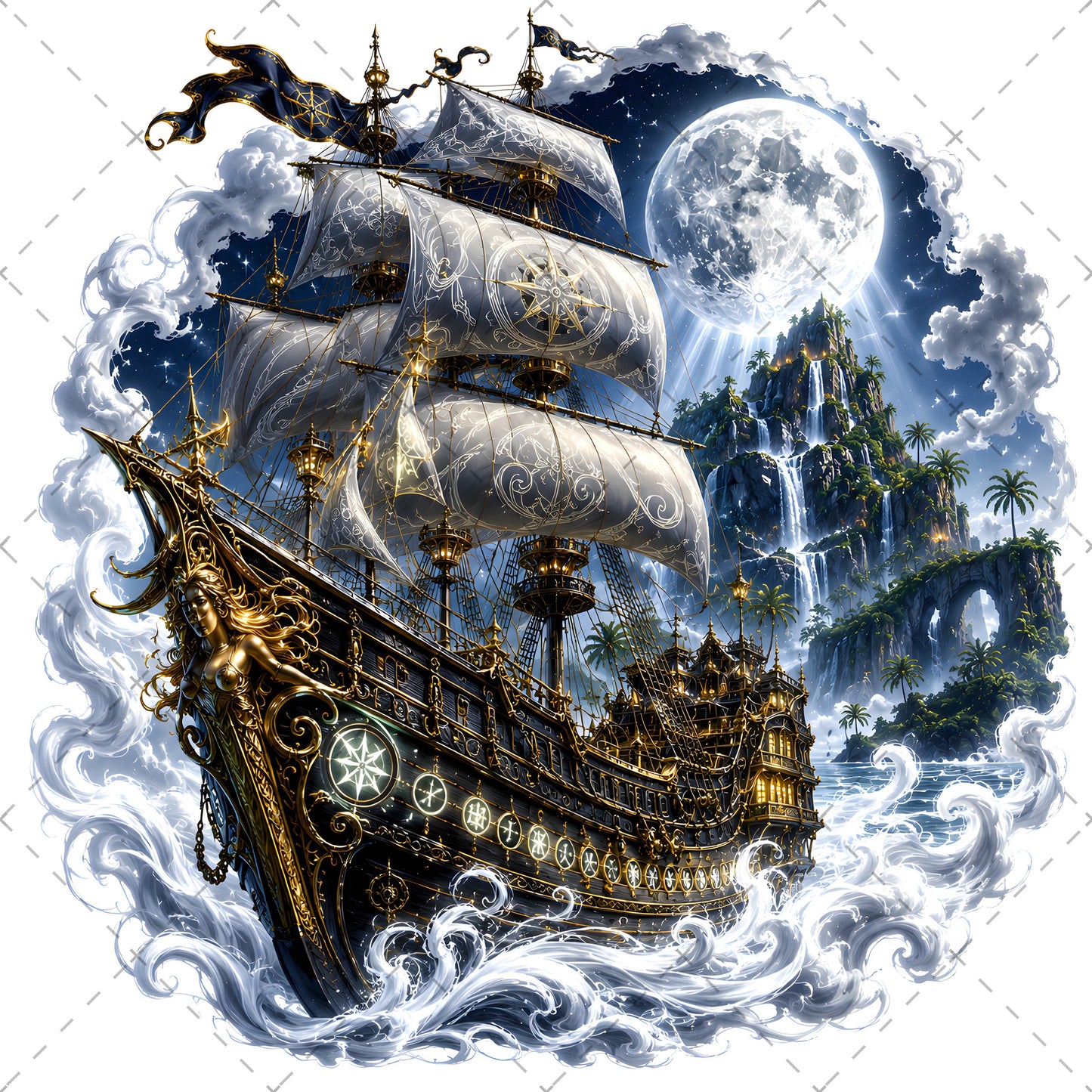 Pirate Ship PNG Fantasy Galleon Sublimation Design Glowing Moon Nautical Clipart Commercial Use, pirate ship png, dreamy seascape, glowing moon art, PNG, digital download, high resolution