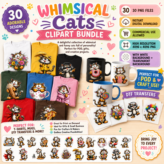 Collection of whimsical kitten clipart illustrations featuring cute cat designs, ideal for nursery decor, kids' crafts, and digital projects.