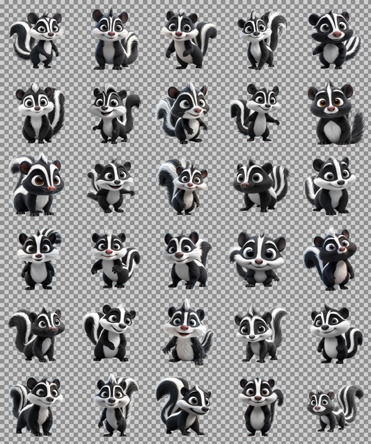 Cute skunk clipart set — grid of 30 cartoon baby skunk designs in assorted poses on a transparent PNG background, woodland nursery art