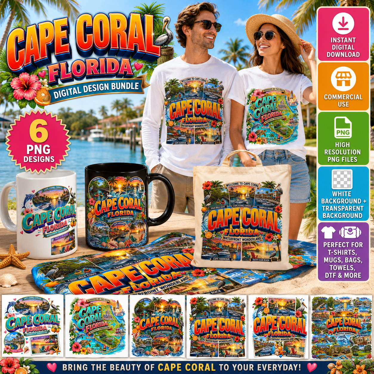Cape Coral Florida Waterfront Travel Collage PNG | Souvenir Art Sublimation Print | Commercial Use POD T-Shirt Mug Desig