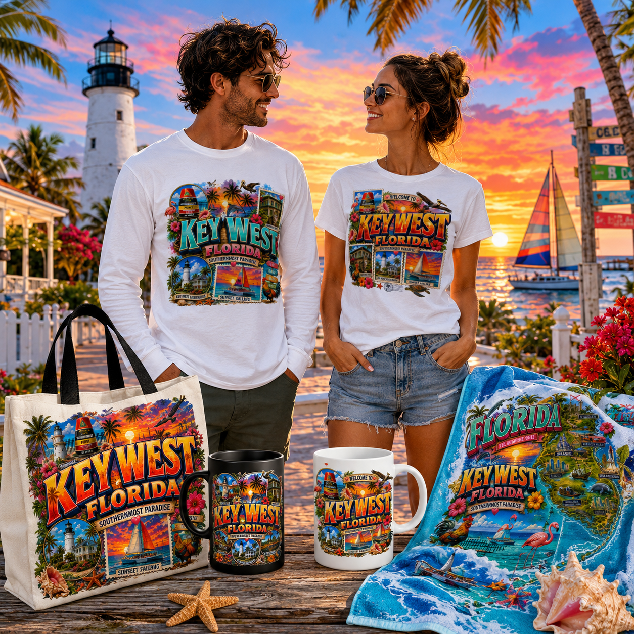Key West Florida PNG Tropical Travel Collage Art Sublimation Design Printable Landmarks Wall Art Commercial Use