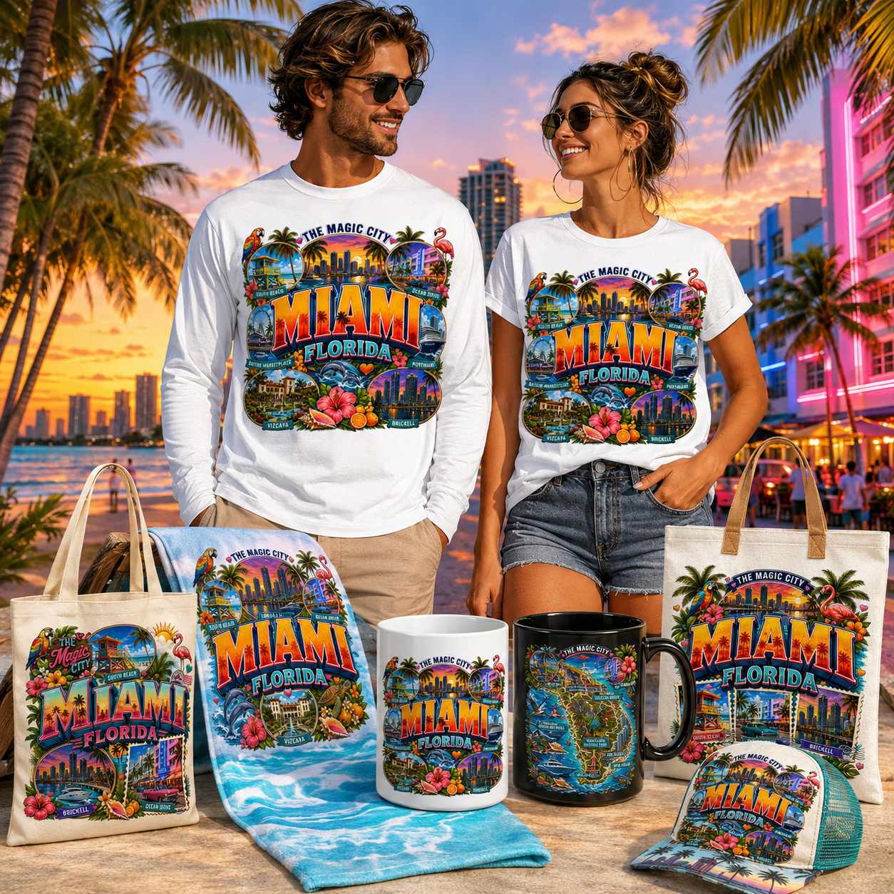 Miami Florida Travel Poster, Vibrant City Landmarks Collage Printable Wall Art, Commercial Use PNG Sublimation Design