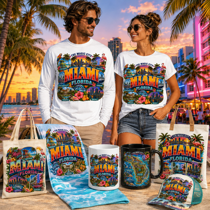 Miami Florida Travel Poster, Vibrant City Landmarks Collage Printable Wall Art, Commercial Use PNG Sublimation Design
