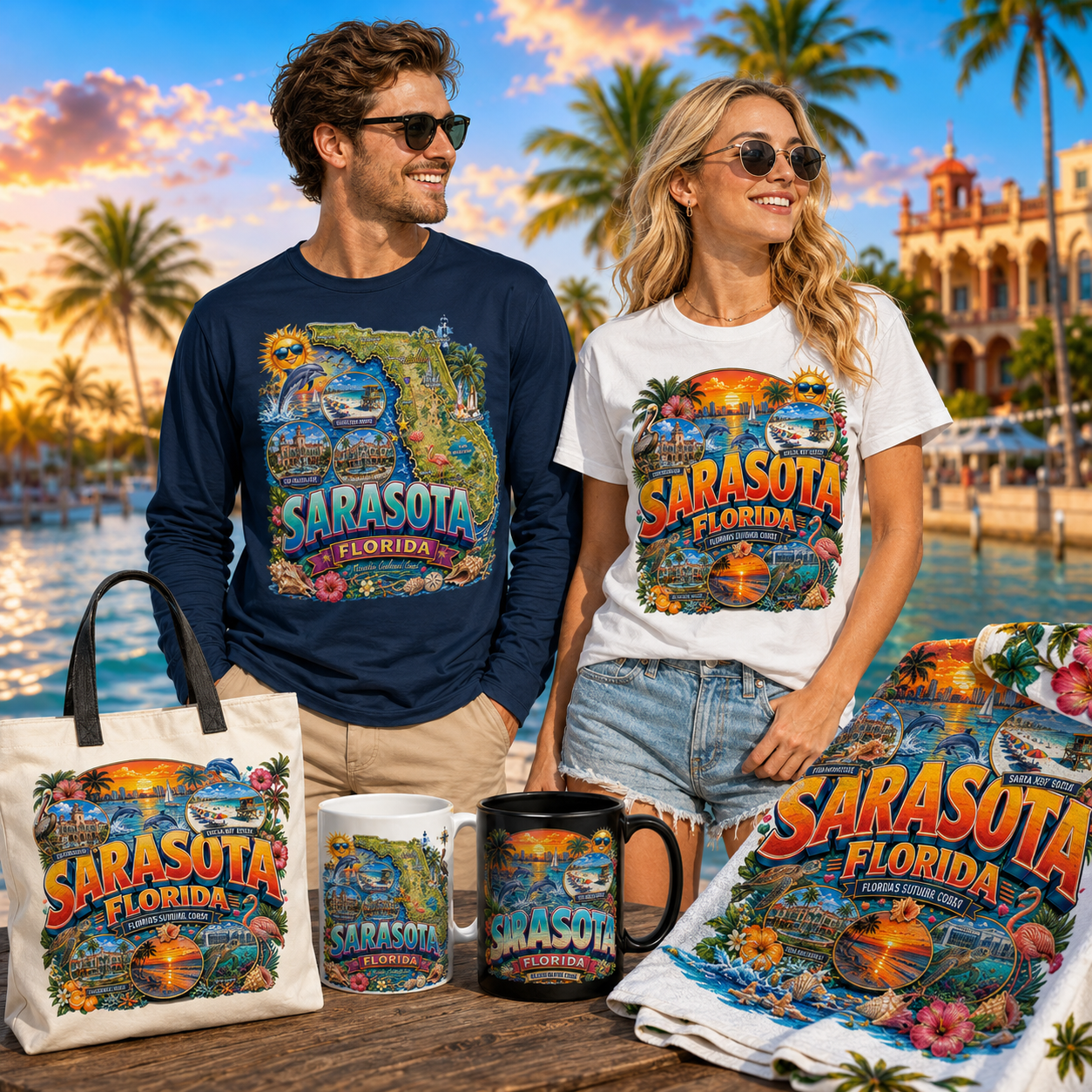Sarasota Florida Travel Poster, Landmark Collage Wall Art, Florida Souvenir Print, Instant Digital Download PNG