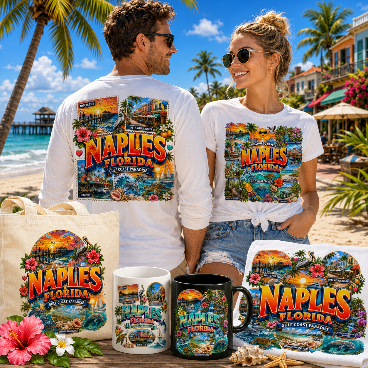 Naples Florida PNG Gulf Coast Landmarks Travel Souvenir Collage Sublimation T-Shirt Design Commercial Use Download
