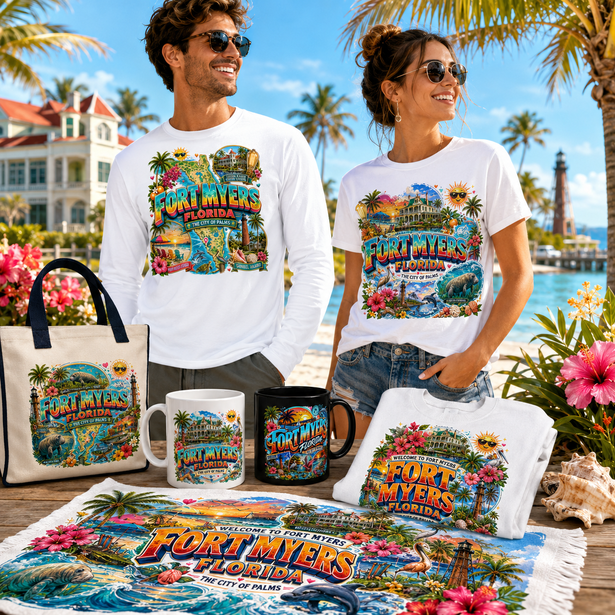 Fort Myers Florida PNG | City of Palms Travel Landmark Collage | Sublimation Design | POD T-Shirt Mug Tumbler Print