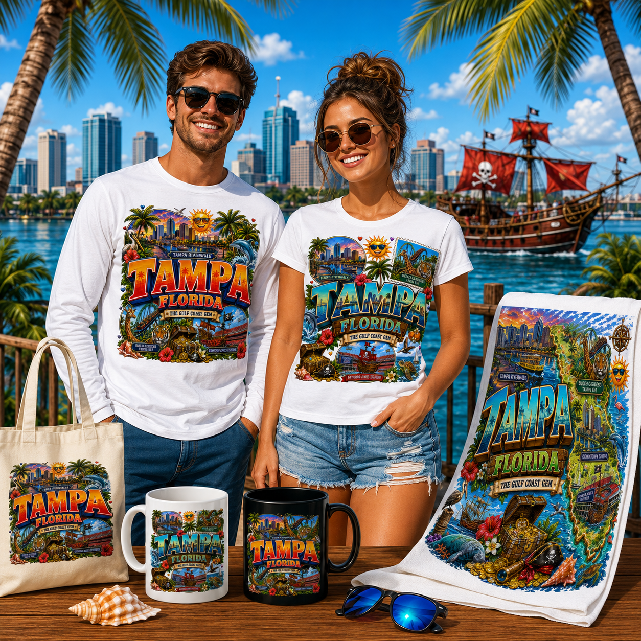 Tampa Florida Travel Poster PNG Sublimation Landmarks Souvenir Collage Print POD Tshirt Design Commercial Use