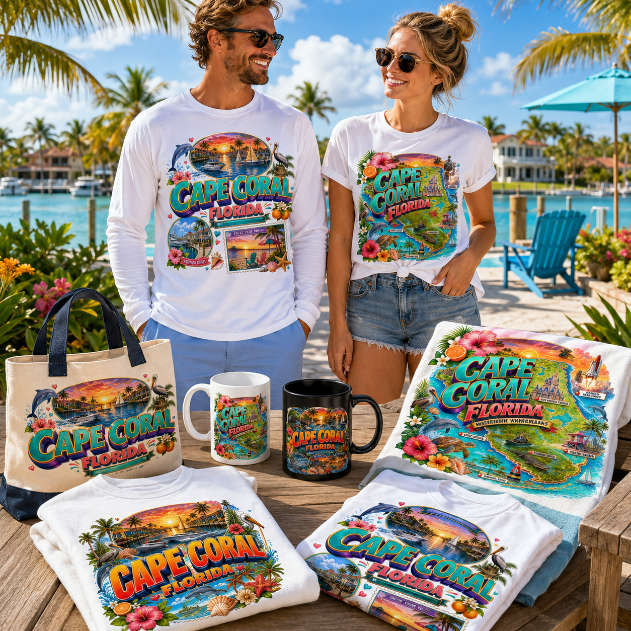 Cape Coral Florida Waterfront Travel Collage PNG | Souvenir Art Sublimation Print | Commercial Use POD T-Shirt Mug Desig