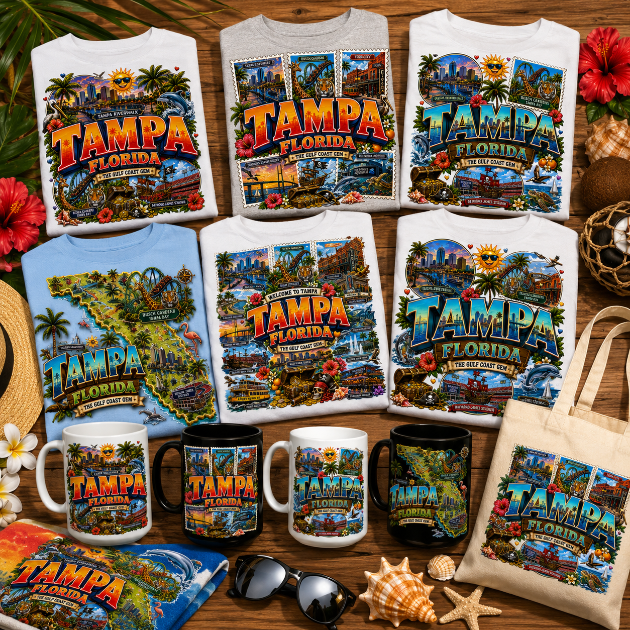 Tampa Florida Travel Poster PNG Sublimation Landmarks Souvenir Collage Print POD Tshirt Design Commercial Use