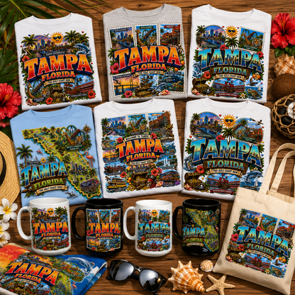 Tampa Florida Travel Poster PNG Sublimation Landmarks Souvenir Collage Print POD Tshirt Design Commercial Use
