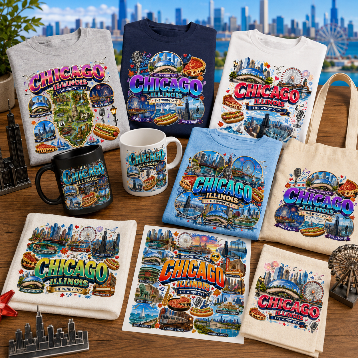 Chicago Illinois Landmarks PNG Travel Collage Digital Download Sublimation Print Commercial Use POD, tumbler wrap, chicago skyline, city travel art, PNG, digital download, high resolution