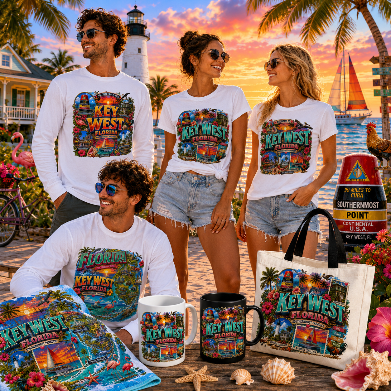 Key West Florida PNG Tropical Travel Collage Art Sublimation Design Printable Landmarks Wall Art Commercial Use