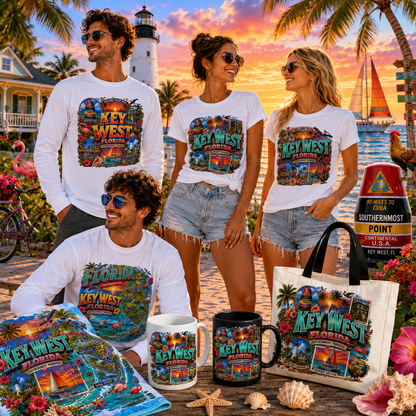 Key West Florida PNG Tropical Travel Collage Art Sublimation Design Printable Landmarks Wall Art Commercial Use