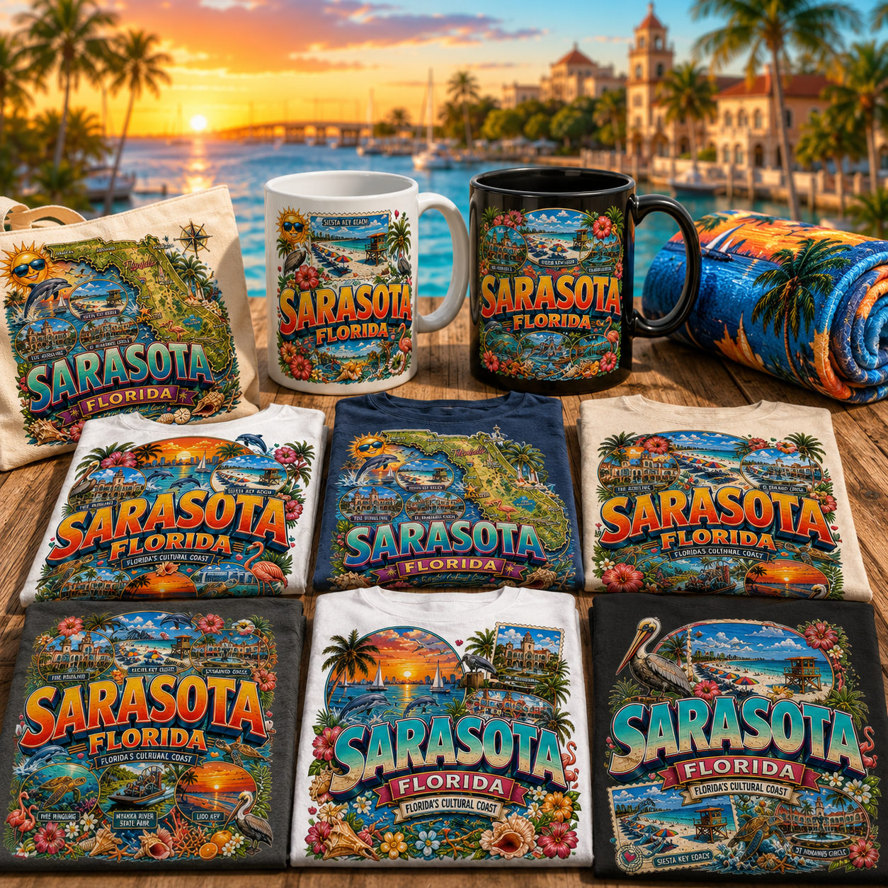 Sarasota Florida Travel Poster, Landmark Collage Wall Art, Florida Souvenir Print, Instant Digital Download PNG