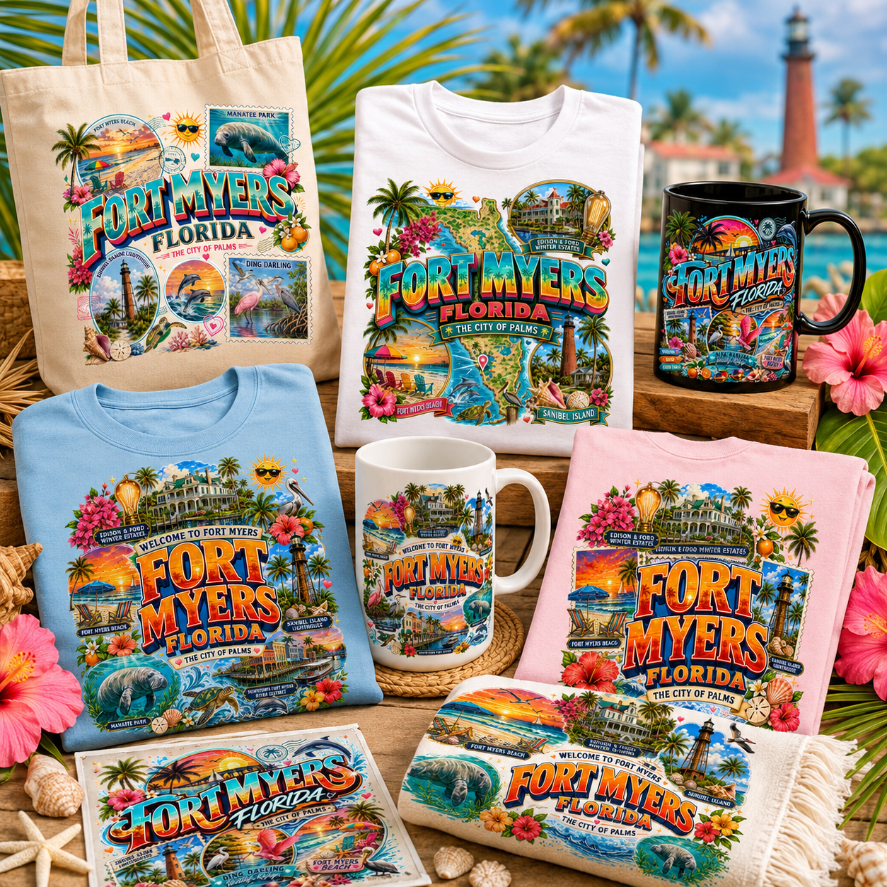 Fort Myers Florida PNG | City of Palms Travel Landmark Collage | Sublimation Design | POD T-Shirt Mug Tumbler Print