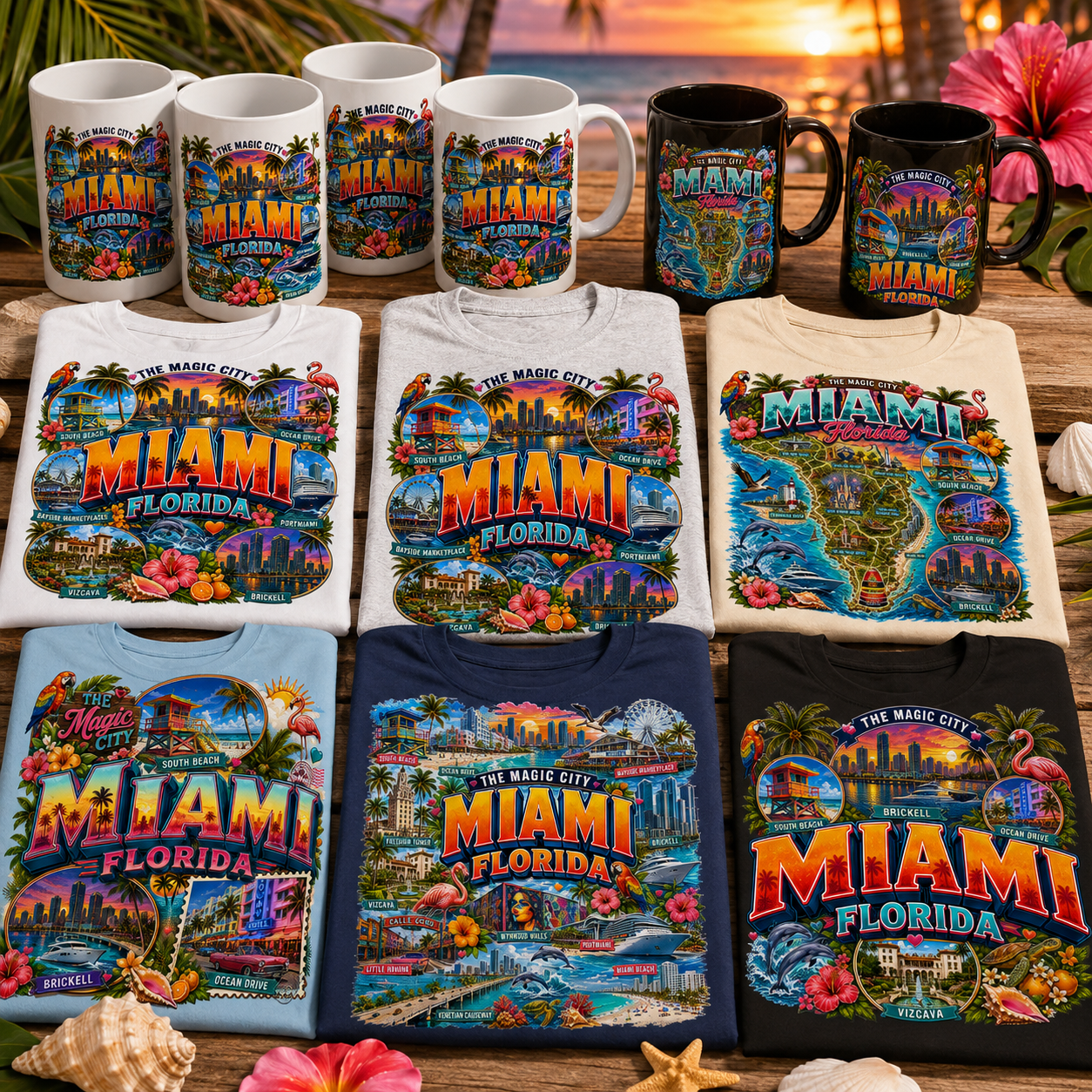 Miami Florida Travel Poster, Vibrant City Landmarks Collage Printable Wall Art, Commercial Use PNG Sublimation Design