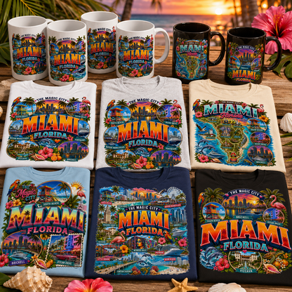 Miami Florida Travel Poster, Vibrant City Landmarks Collage Printable Wall Art, Commercial Use PNG Sublimation Design