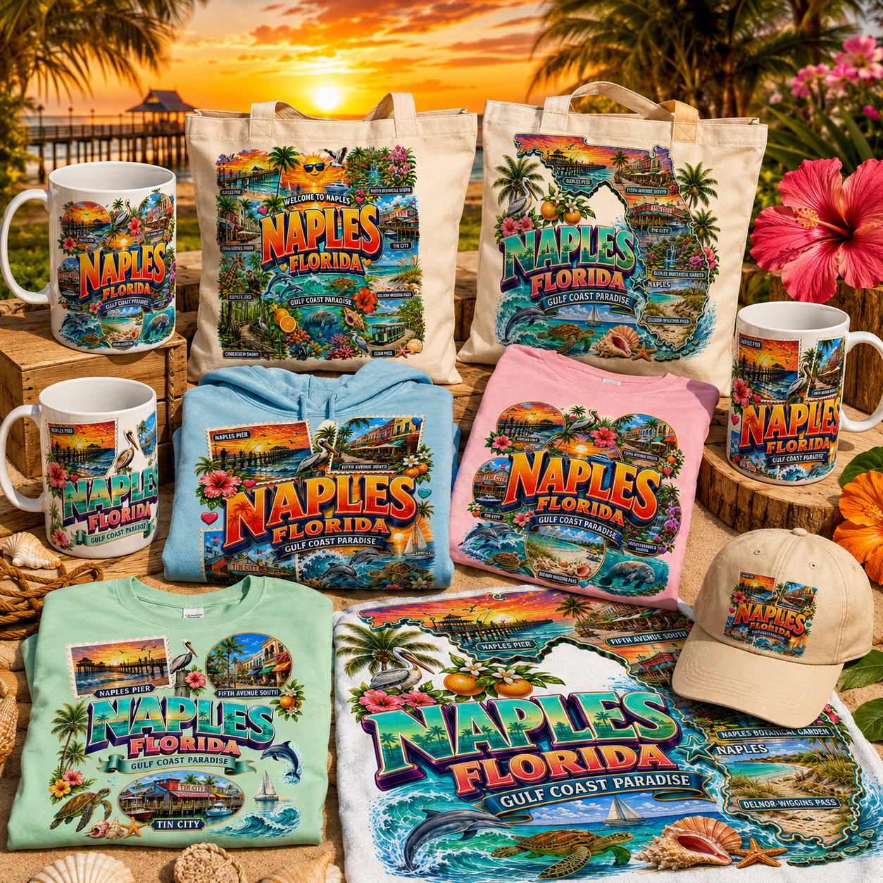 Naples Florida PNG Gulf Coast Landmarks Travel Souvenir Collage Sublimation T-Shirt Design Commercial Use Download