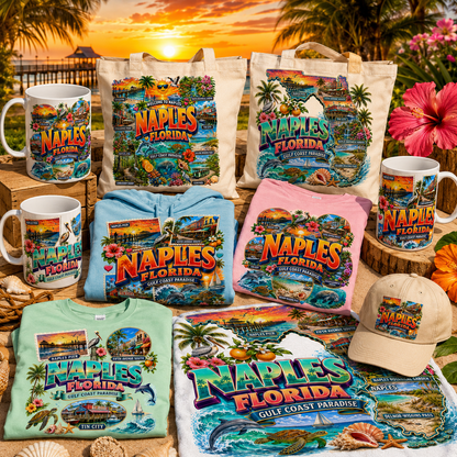 Naples Florida PNG Gulf Coast Landmarks Travel Souvenir Collage Sublimation T-Shirt Design Commercial Use Download