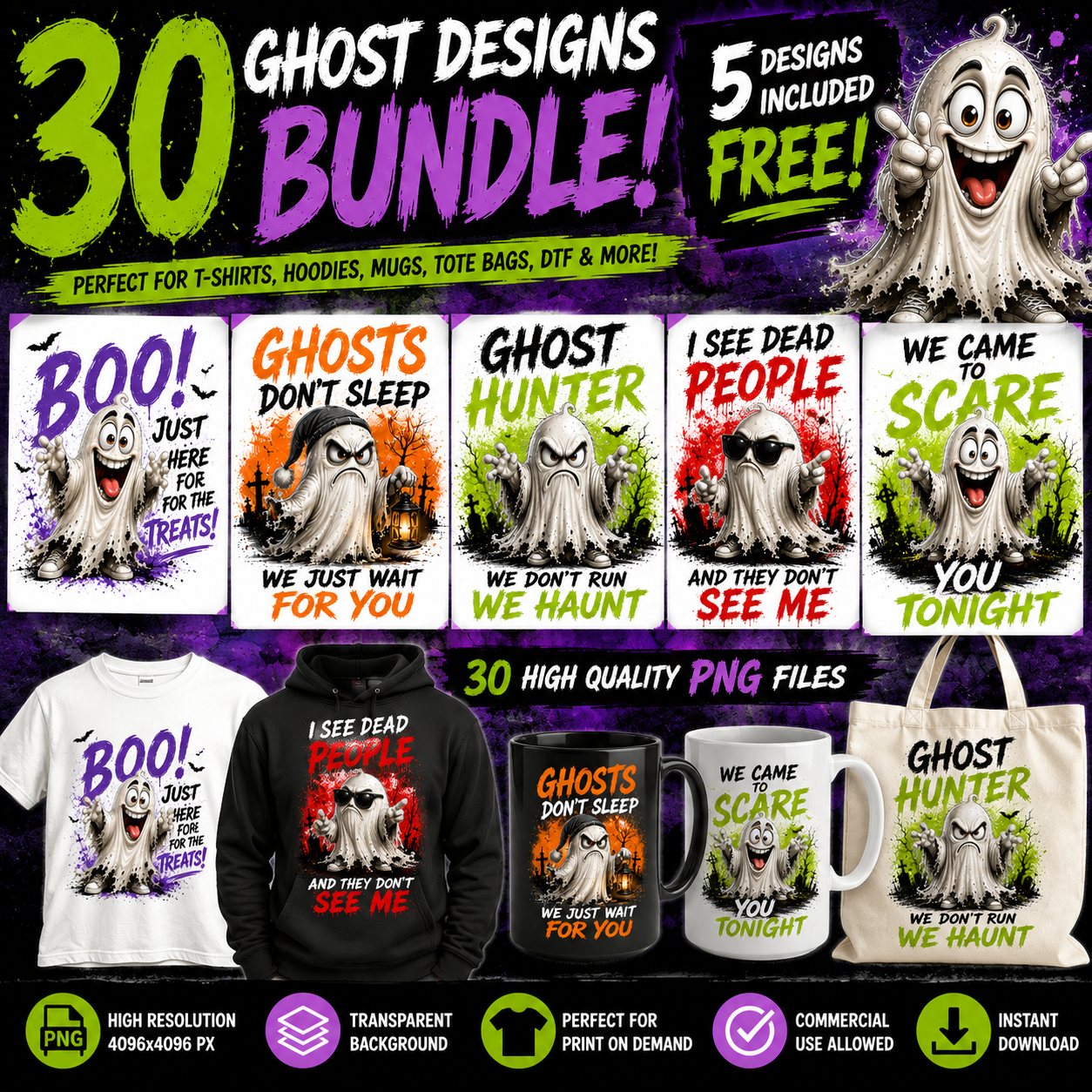 Funny Halloween Ghost Clipart PNG, Cute Cartoon Ghosts Sublimation, Spooky Decor Crafts, Commercial Use POD Tshirt Tumbler Designs — tshirt design, pod design