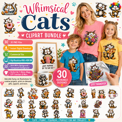Digital cat clipart bundle featuring whimsical kitten illustrations, perfect for nursery decor, kids' crafts, and commercial projects.