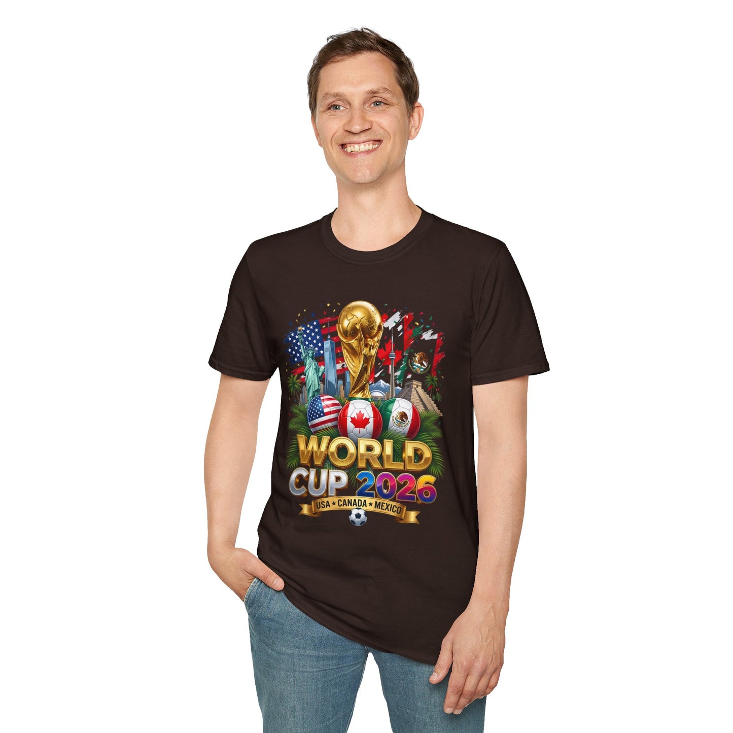 Printify World Cup 2026 T-Shirt featuring USA, Canada, and Mexico flags with trophy design on a white background.