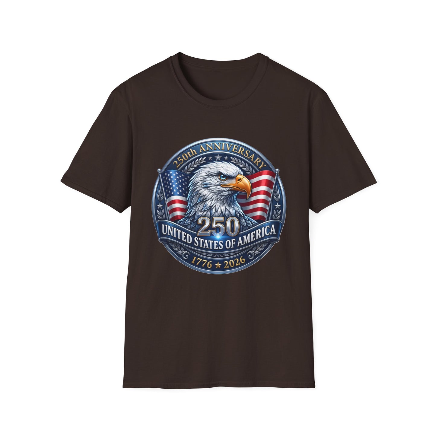 250th anniversary USA eagle design on a dark brown t-shirt, plain front product shot
