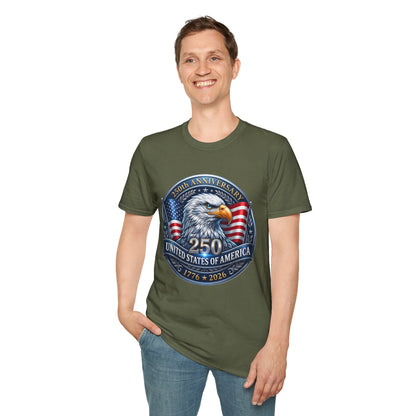 American eagle T-shirt celebrating 250th anniversary of the USA, featuring patriotic design for bicentennial 1776–2026.