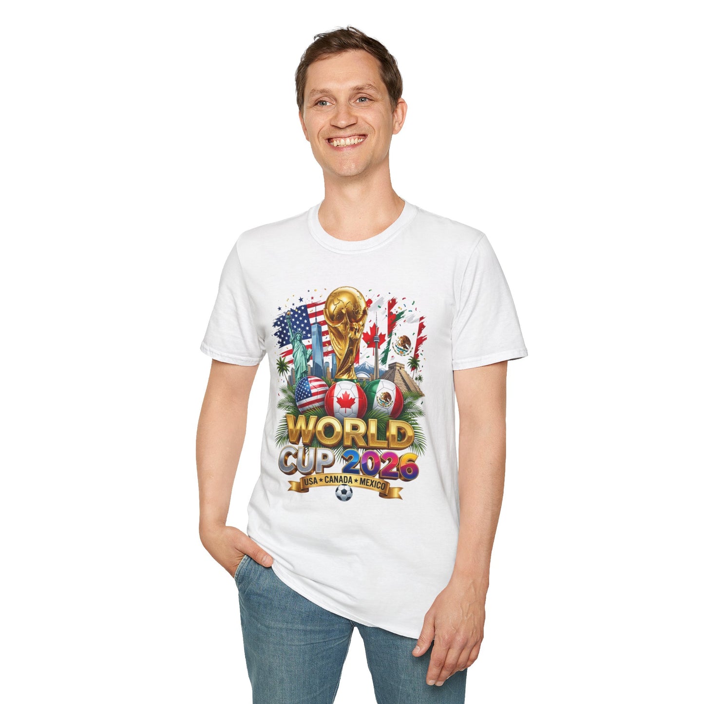 T-Shirt — World Cup 2026 Trophy Design with USA, Canada & Mexico Flags