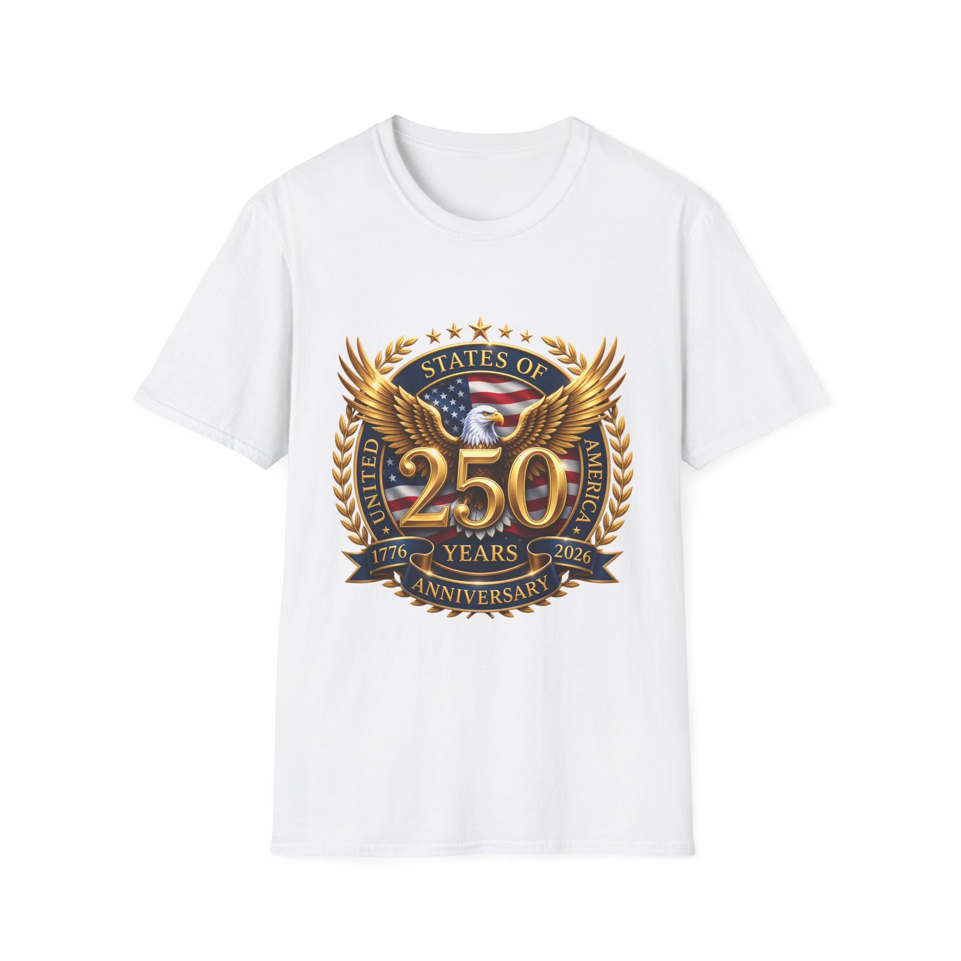 250th Anniversary USA gold eagle crest design on a white t-shirt, plain front product shot