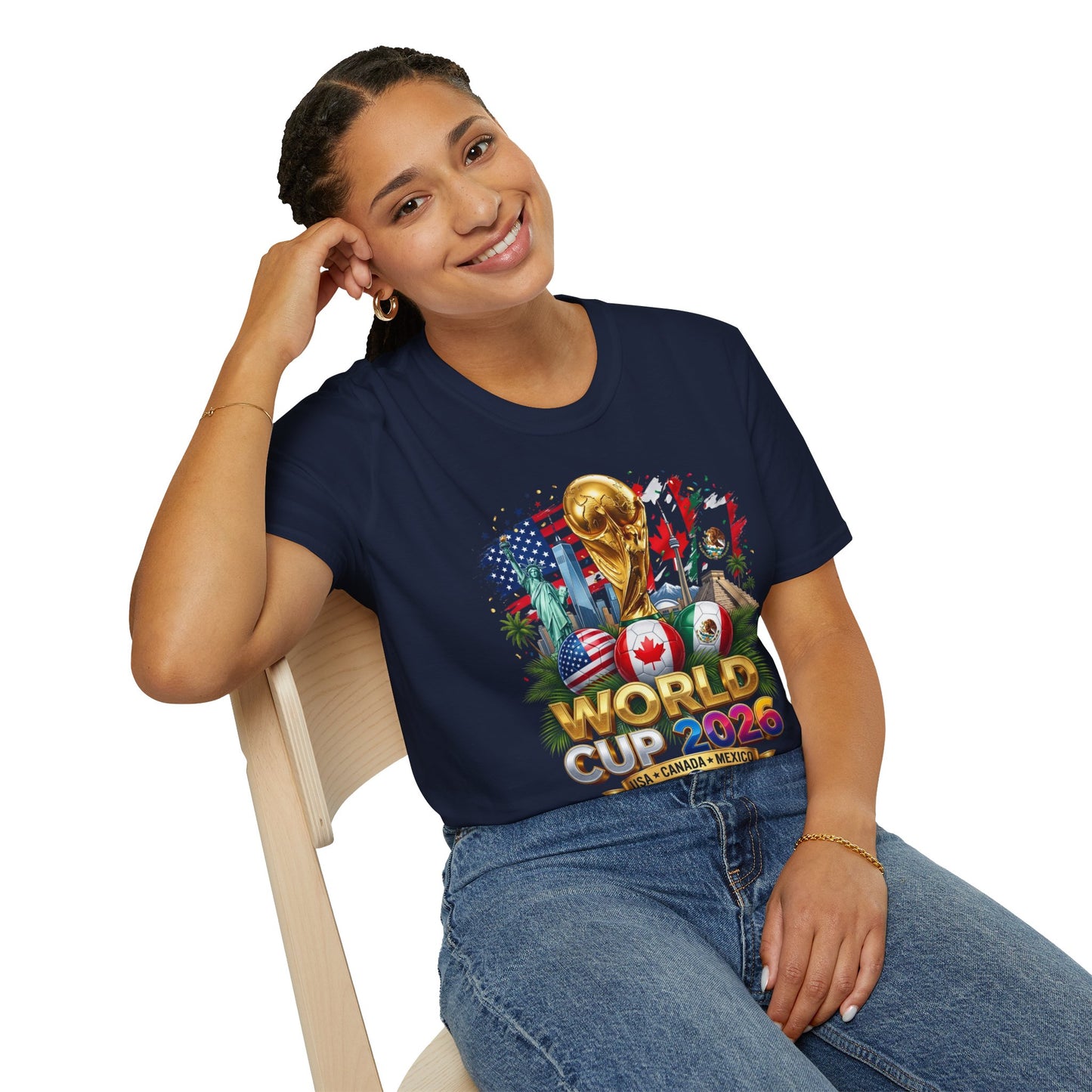 T-Shirt — World Cup 2026 Trophy Design with USA, Canada & Mexico Flags