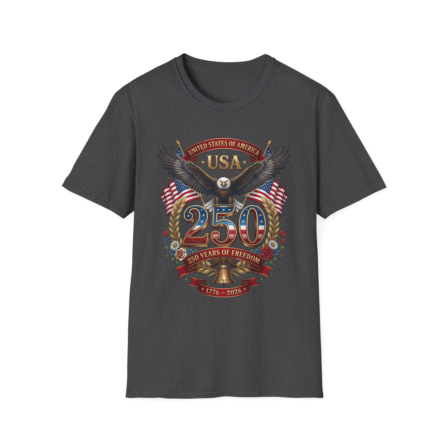 USA eagle 250 anniversary design on a dark heather charcoal t-shirt, plain front product shot