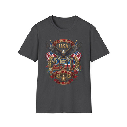 USA eagle 250 anniversary design on a dark heather charcoal t-shirt, plain front product shot