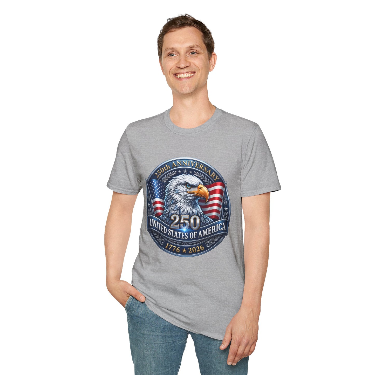USA Eagle T-shirt celebrating 250th anniversary of U.S. Bicentennial, featuring patriotic eagle and American flag design.
