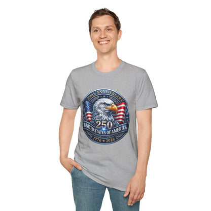 USA Eagle T-shirt celebrating 250th anniversary of U.S. Bicentennial, featuring patriotic eagle and American flag design.