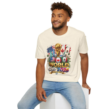 T-Shirt — World Cup 2026 Trophy Design with USA, Canada & Mexico Flags