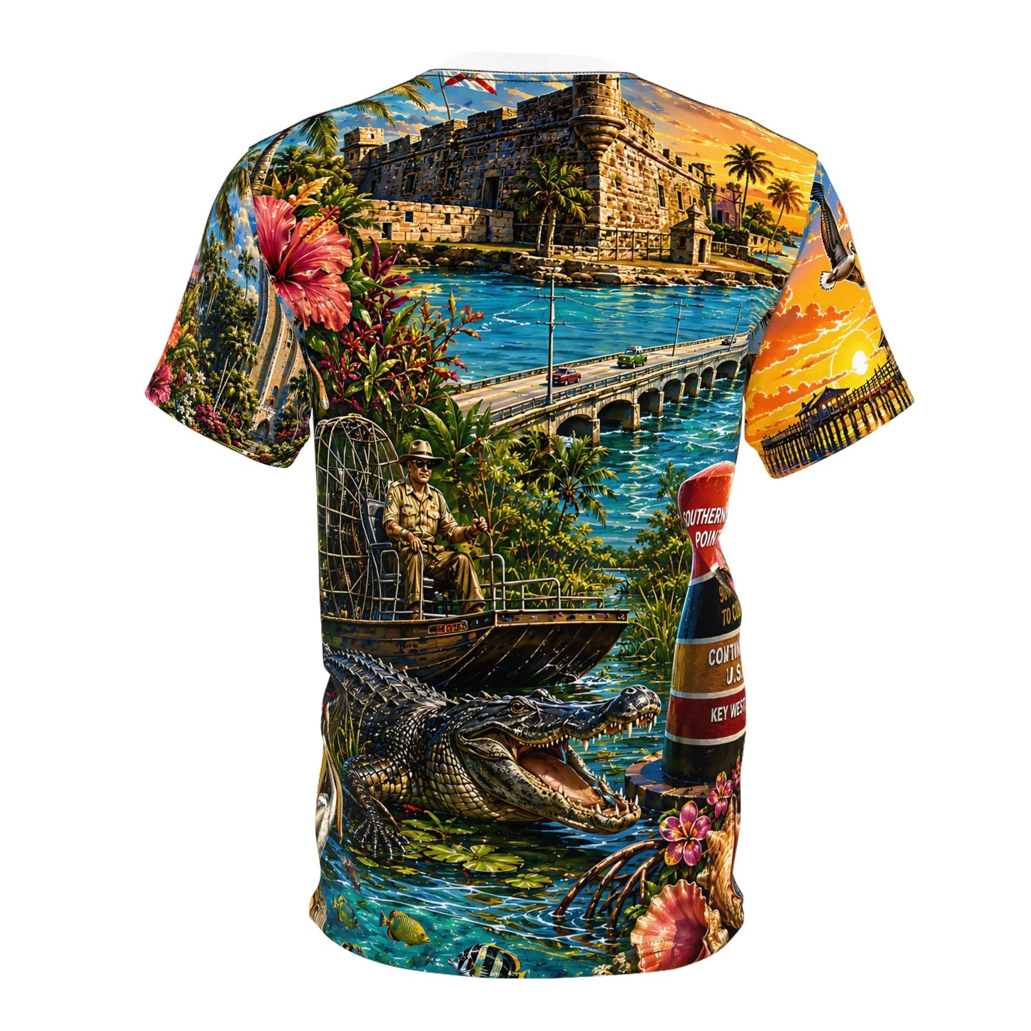 Back of the Florida beach print t-shirt showing bridge, alligator and hibiscus scene
