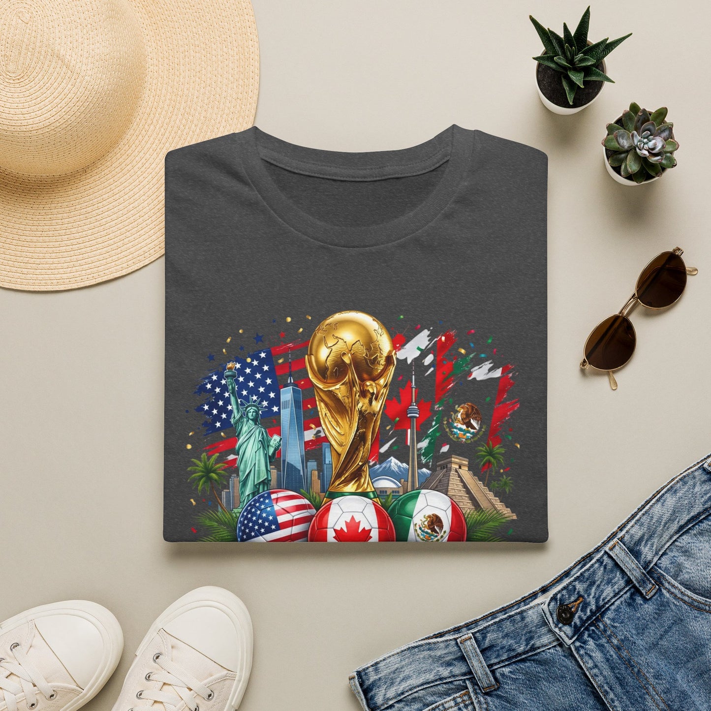 T-Shirt — World Cup 2026 Trophy Design with USA, Canada & Mexico Flags