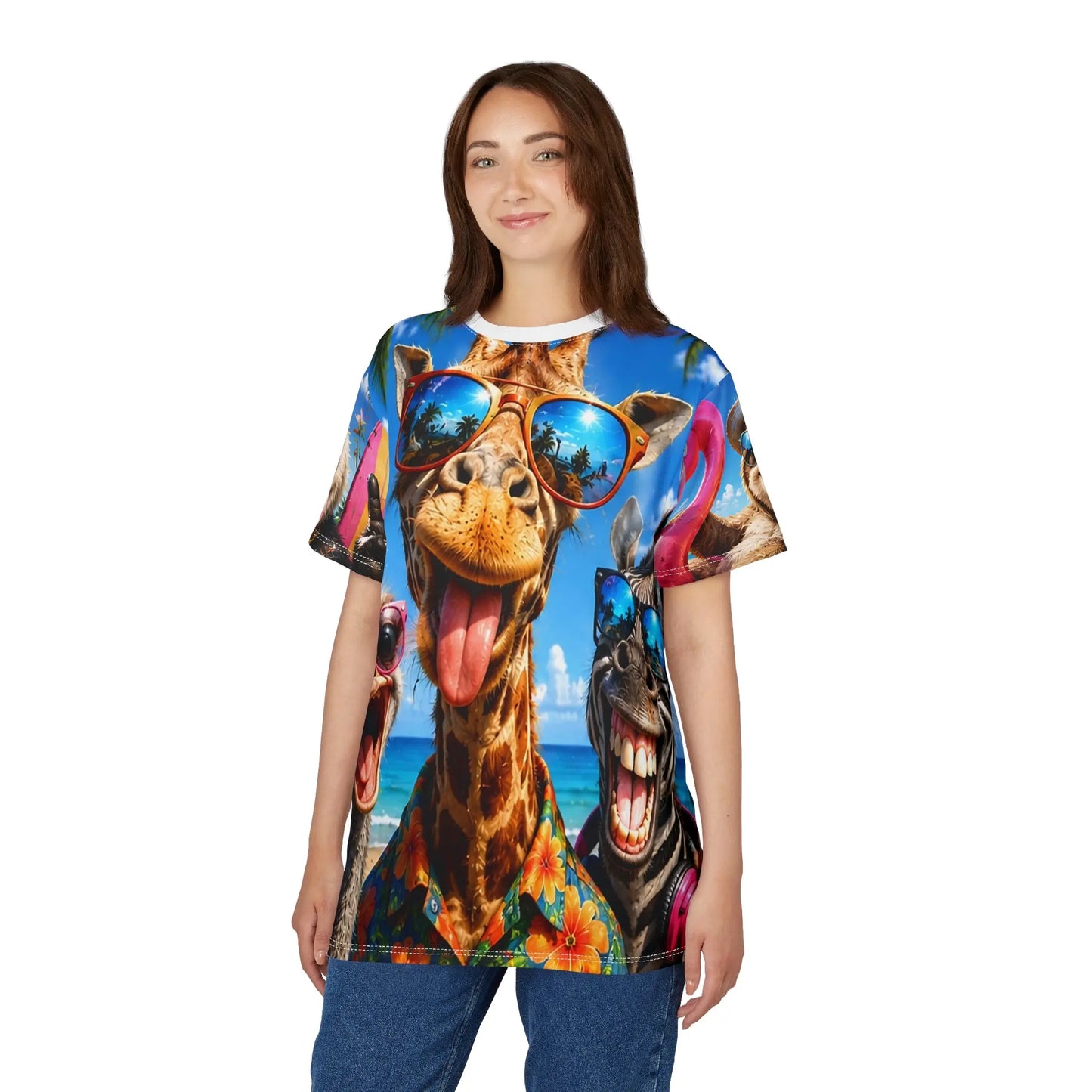 Funny summer animal beach T-shirt featuring giraffe and friends with sunglasses design, all-over print by Printify.
