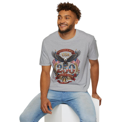 USA eagle 250 anniversary design on a gray t-shirt, worn by a smiling seated man