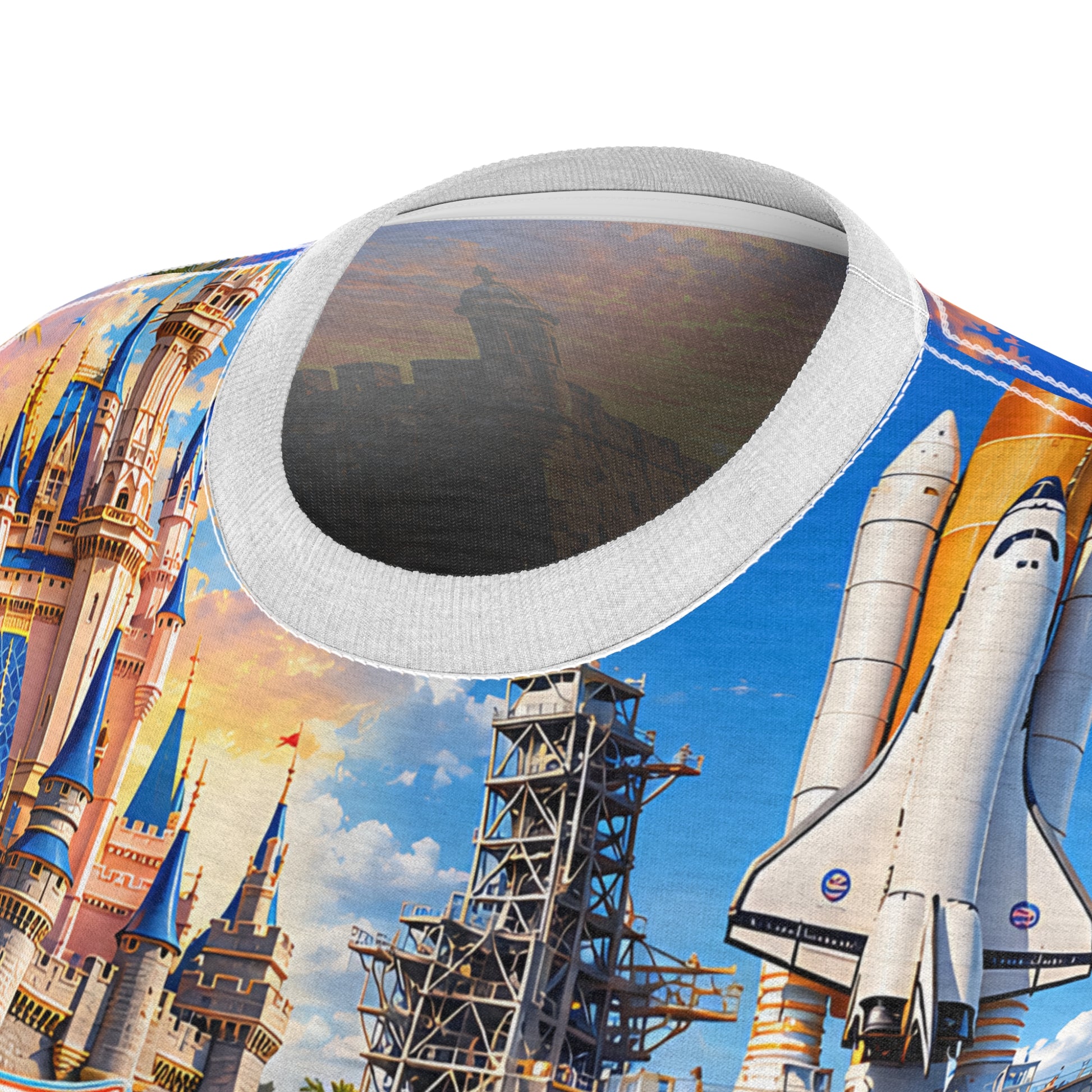 Close-up of the Florida tee neckline and print detail featuring a fairytale castle and space shuttle