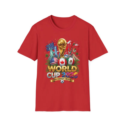 World Cup 2026 gold trophy and flags design on a red t-shirt, flat product shot