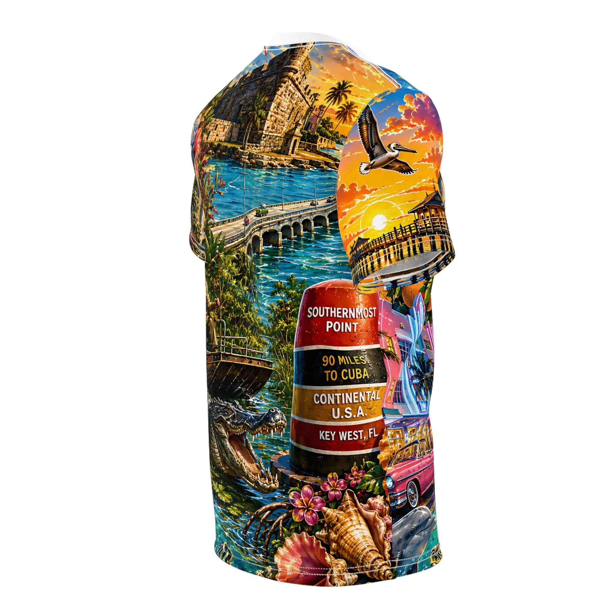 Side view of the vibrant Florida sunset print t-shirt on a white background