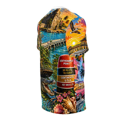 Side view of the vibrant Florida sunset print t-shirt on a white background