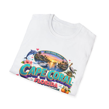 Unisex Cape Coral Waterfront Wonder T-shirt with Florida beach and nautical design, perfect for vacation and beach lovers.